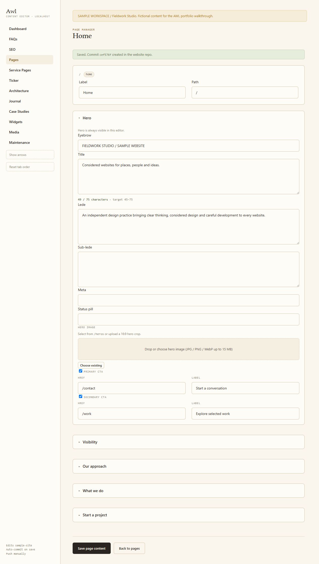 AWL editor showing fictional Fieldwork Studio content and confirmation of a local Git commit.