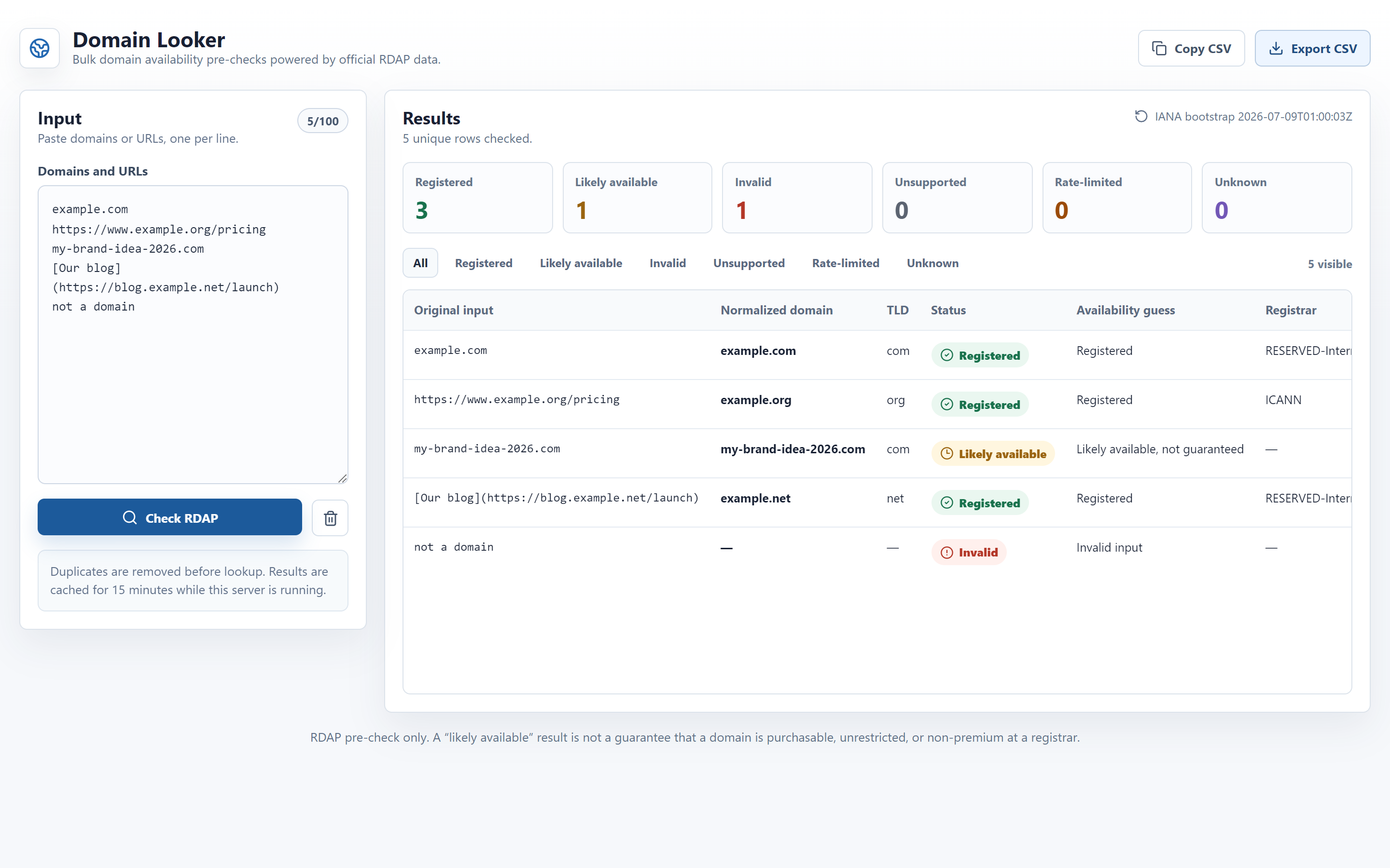 Domain Looker application with pasted input, registration filters and normalized domain results.