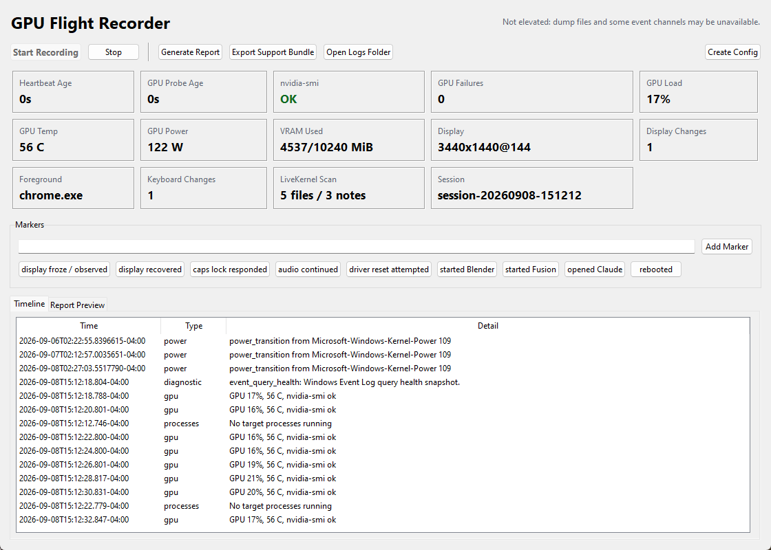 GPU Flight Recorder running on Windows with live telemetry and timestamped diagnostic records.