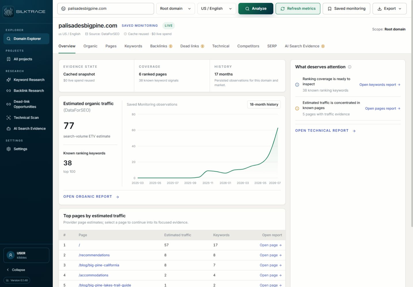 Silktrace saved Palisades domain report with visibility, keyword coverage and links to further reports.