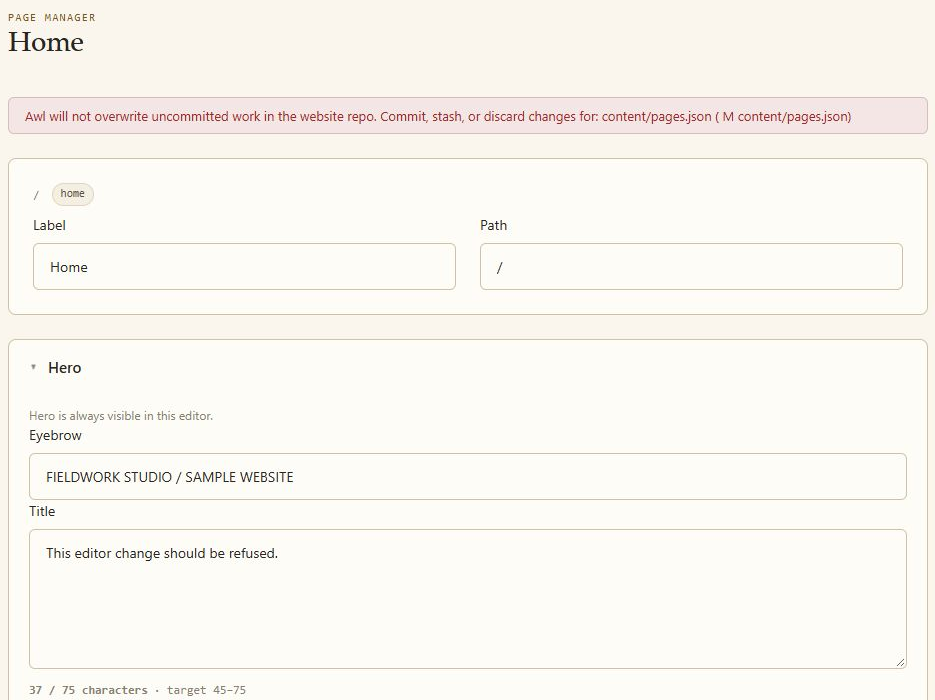 AWL refusing a save with the message: Awl will not overwrite uncommitted work in the website repo. Commit, stash, or discard changes for content/pages.json.