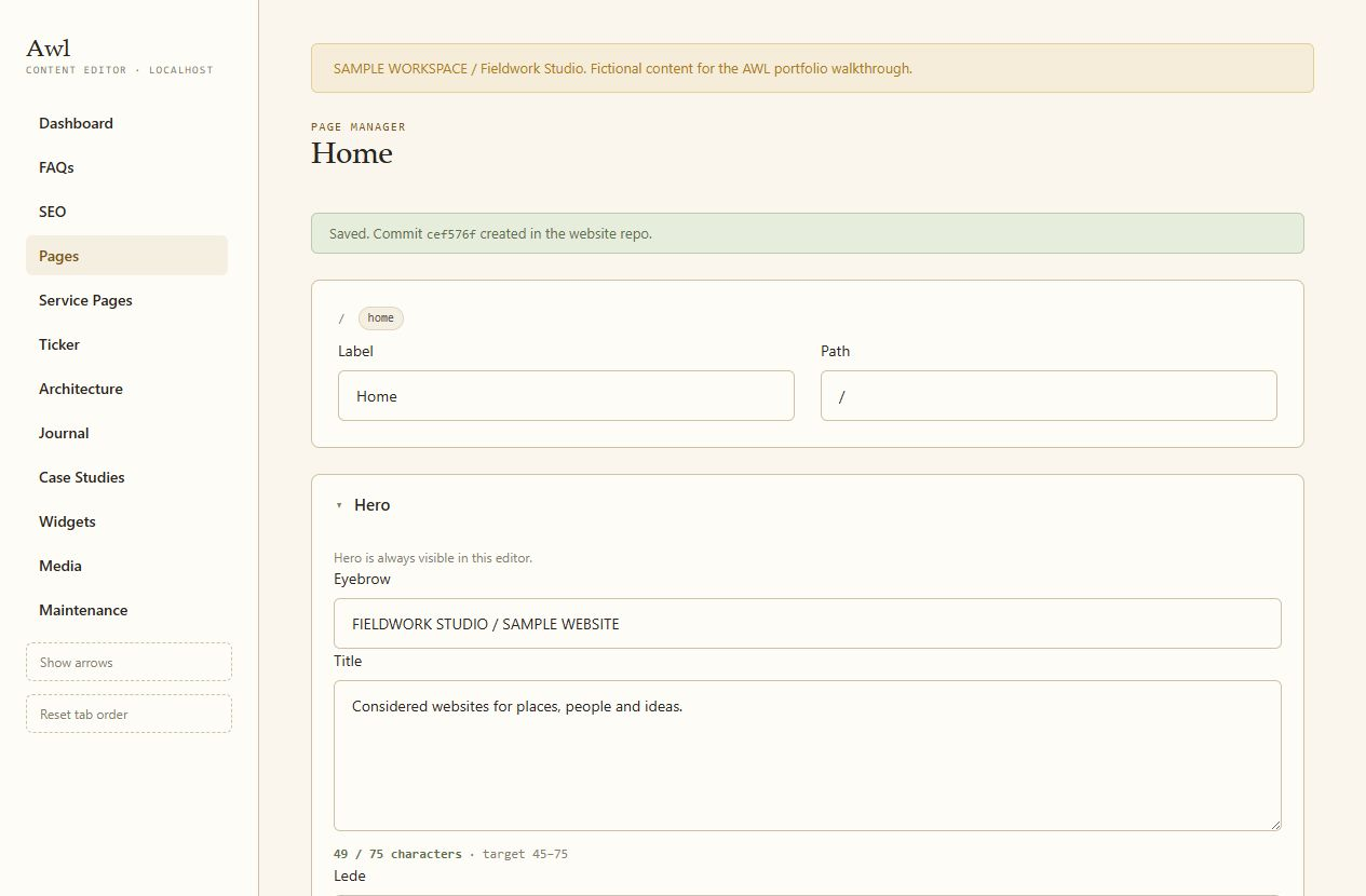 AWL page manager for the sample Home page: a success notice reading Saved. Commit cef576f created in the website repo, label and path fields, and the hero title field with a character counter.