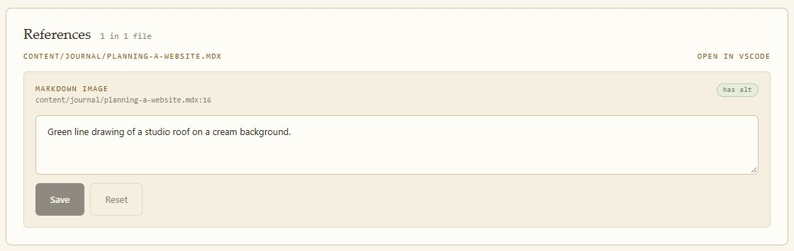 AWL media reference panel: one reference in content/journal/planning-a-website.mdx line 16, a Markdown image with existing alt text, and Save and Reset buttons.