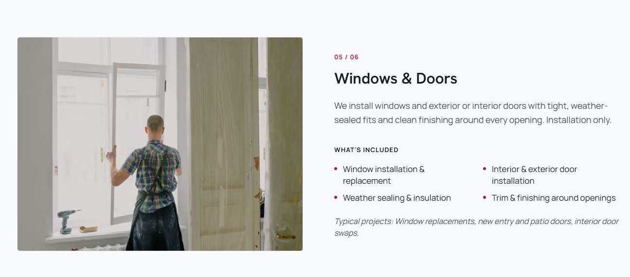 Windows and Doors service section: installation only, a list of included work and typical projects such as window replacements and new entry doors.