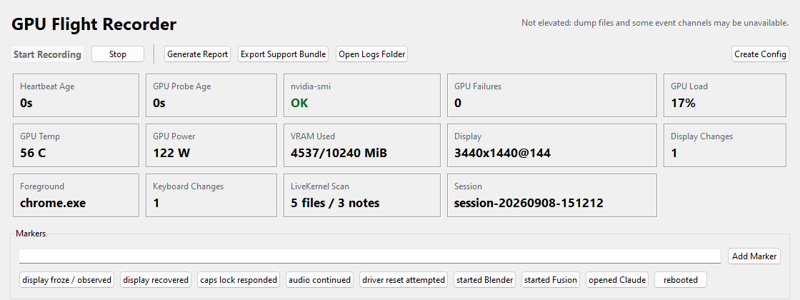 GPU Flight Recorder window during a normal recording: heartbeat age 0 s, GPU probe age 0 s, nvidia-smi OK, 0 GPU failures, temperature, power, VRAM, display and observation marker buttons.