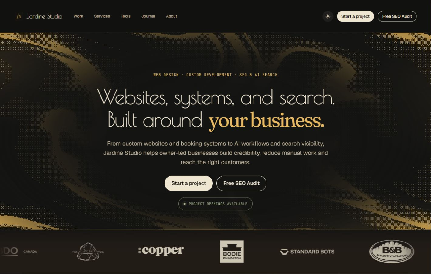 Current Jardine Studio homepage in dark mode with a gold ordered-dither field and the headline Websites, systems, and search.