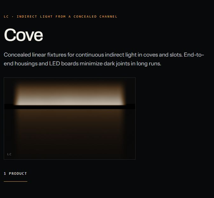 Cove family page: indirect light from a concealed channel, a short description and an illuminated lighting stage.