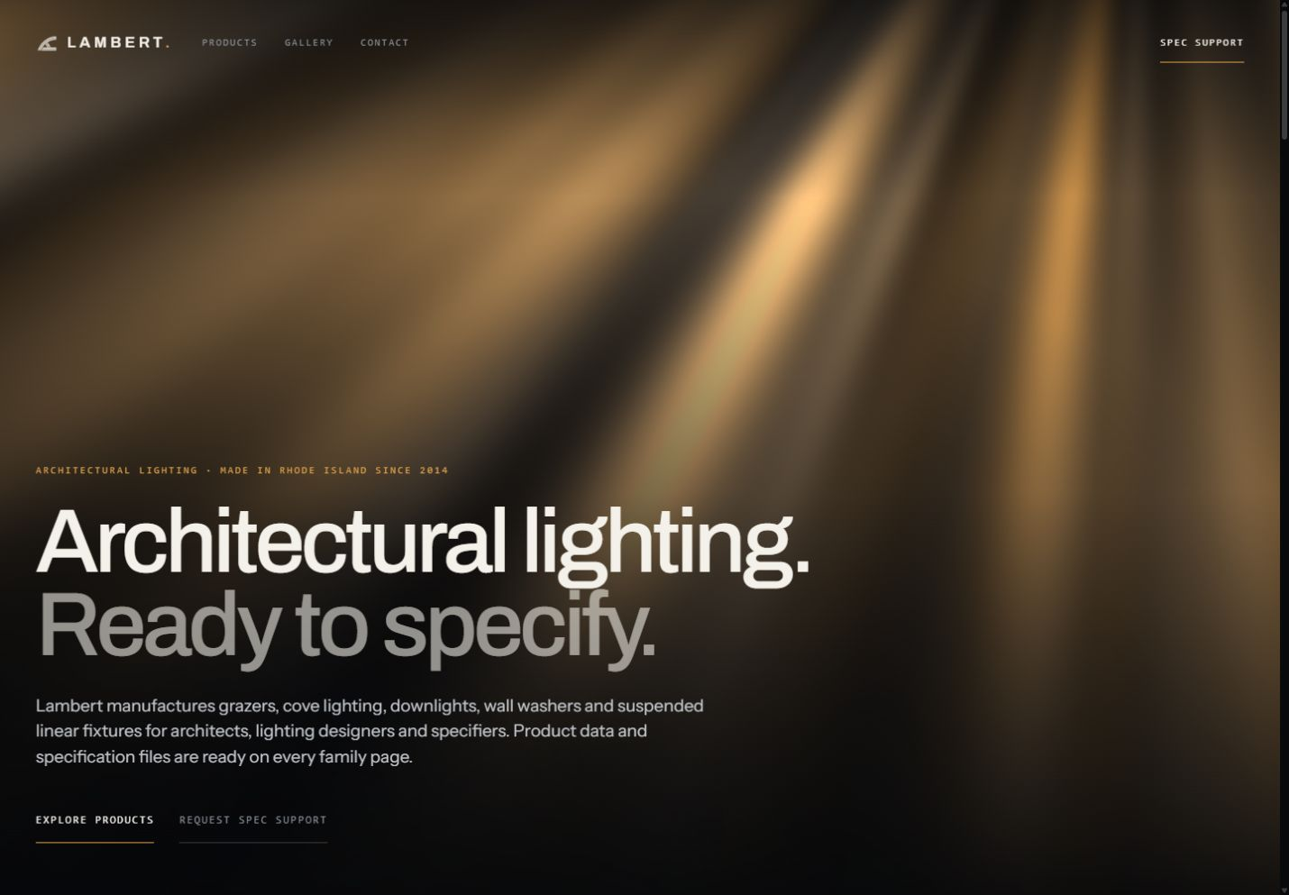 Lambert homepage: warm architectural light in a dark field with the headline Architectural lighting. Ready to specify.
