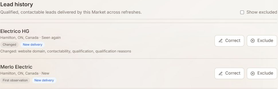 Lead history: Electrico HG seen again and marked Changed, listing changed website domain, contactability and qualification; Merlo Electric marked as a first observation.