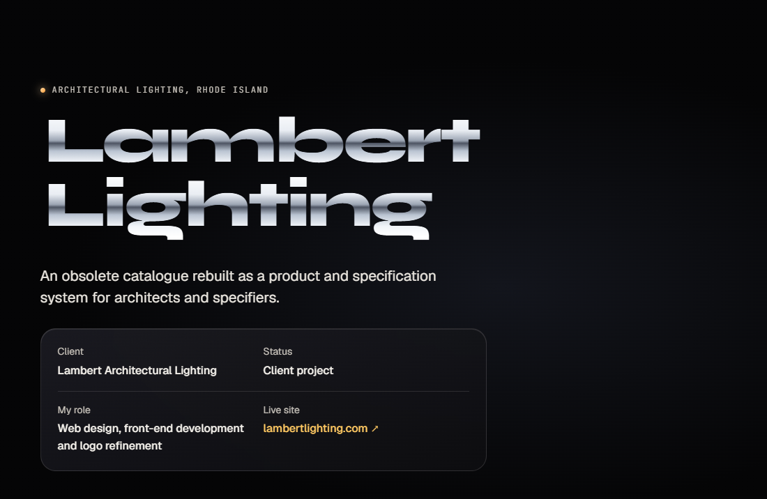 Lambert Lighting case study hero at 1440 pixels wide, identical in the static HTML reference and the Next.js build.