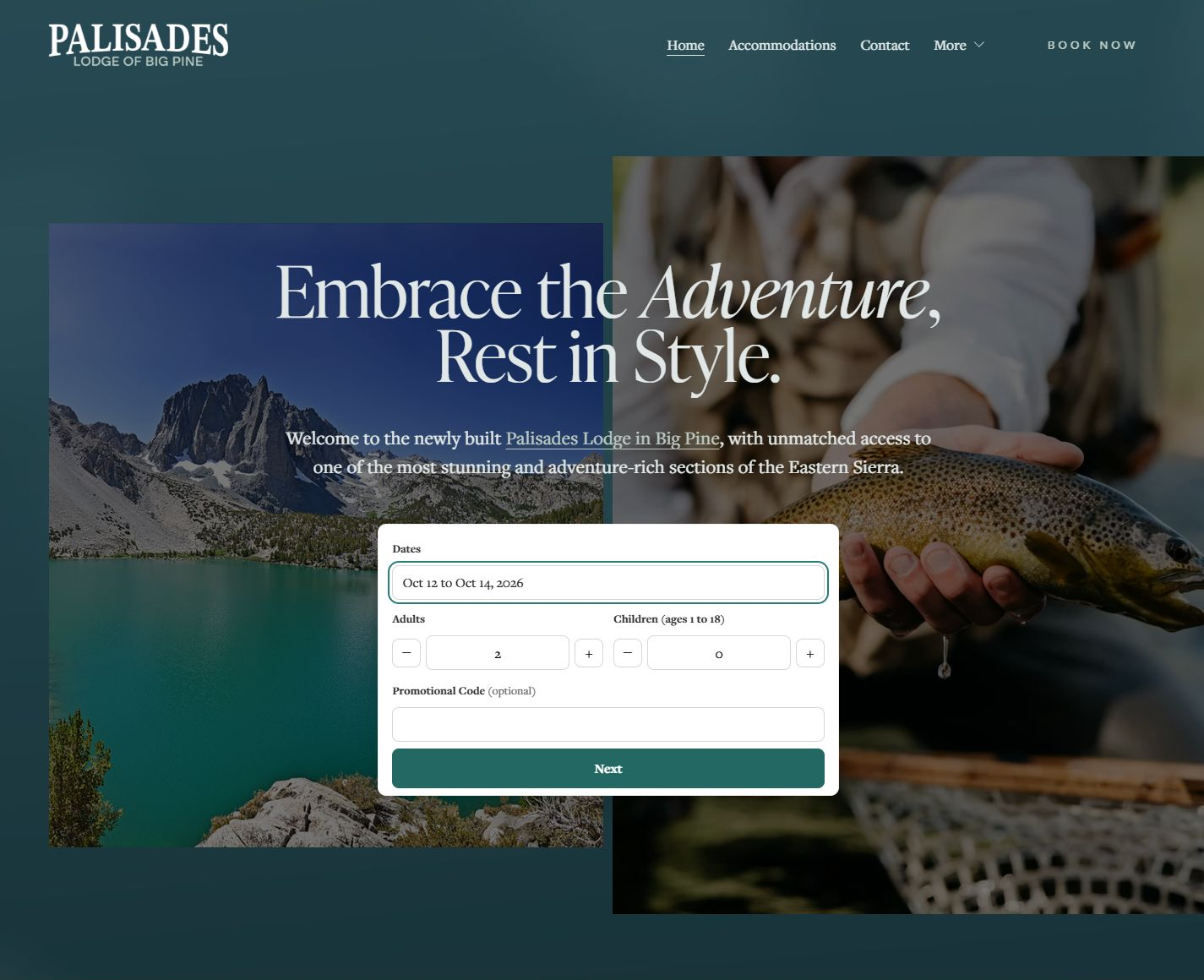Palisades Lodge homepage with the booking panel open: October 12 to 14, 2026 selected, 2 adults, 0 children, an optional promotional code field and a Next button.