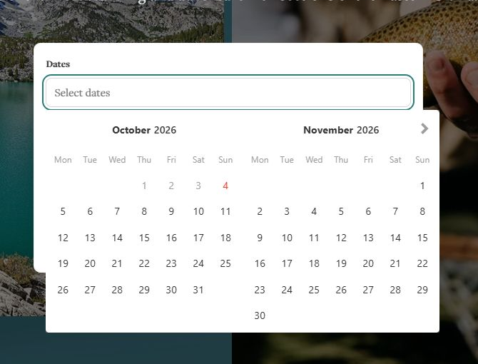 Two-month calendar for October and November 2026 opened from the dates field, with the field showing a visible focus ring and October 4 marked as today.