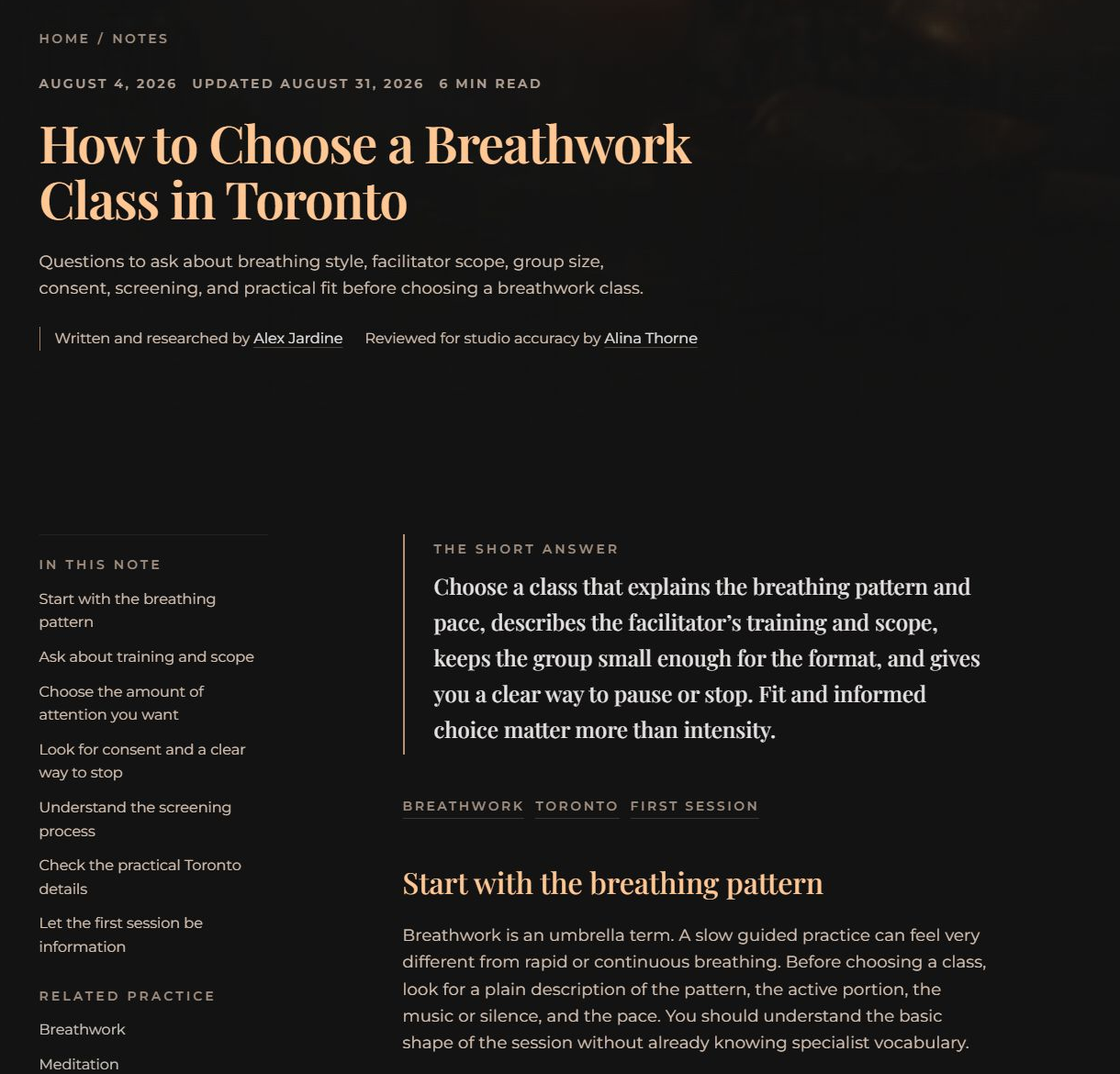 Article How to Choose a Breathwork Class in Toronto with publish and update dates, written-by and reviewed-by credits, a short answer box and related practice links.