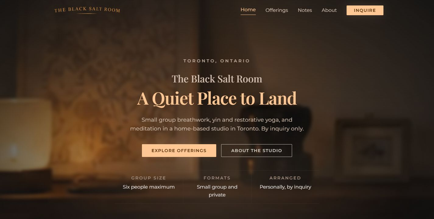 The Black Salt Room homepage: A Quiet Place to Land, with group size six people maximum, small group and private formats, and arranged personally by inquiry.