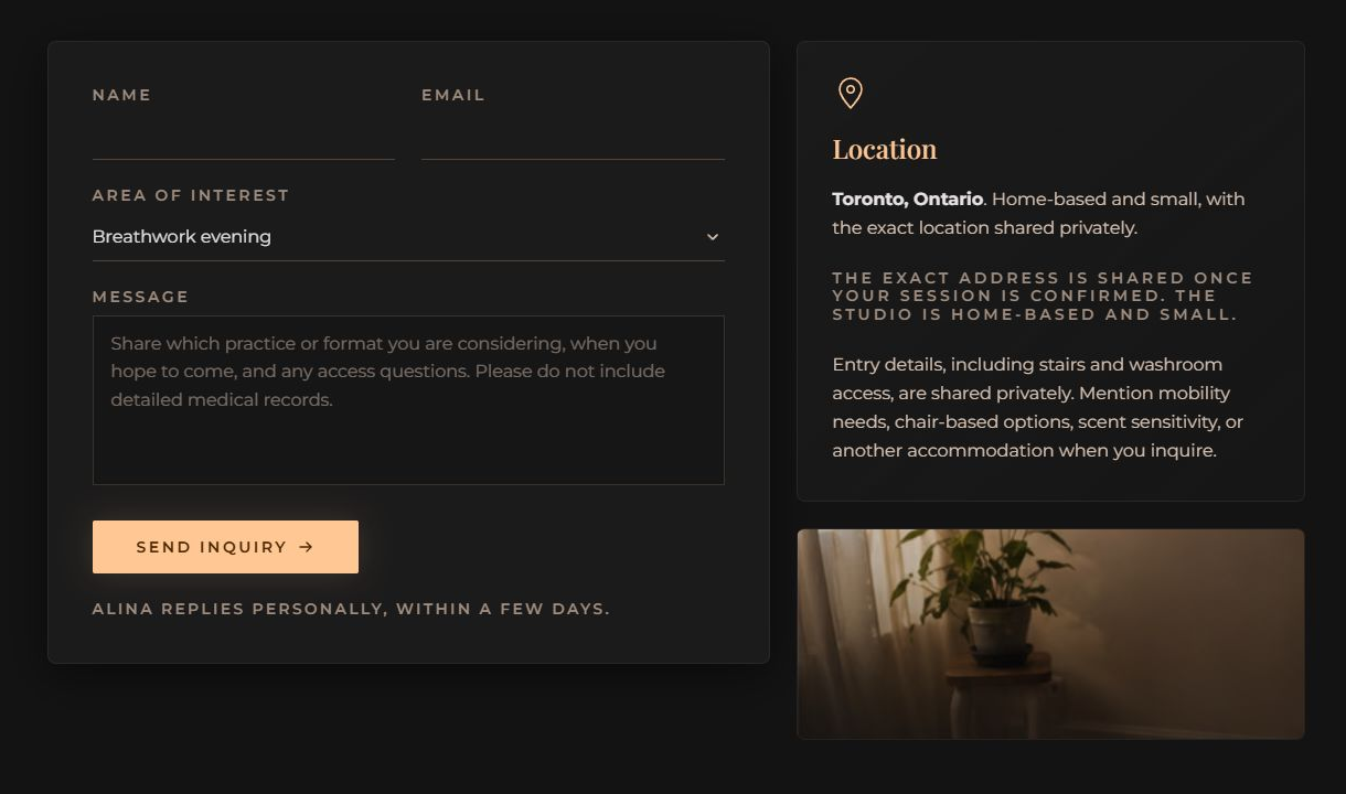 Inquiry form with Breathwork evening pre-selected as the area of interest, a message field, and a location panel explaining the address is shared once a session is confirmed.