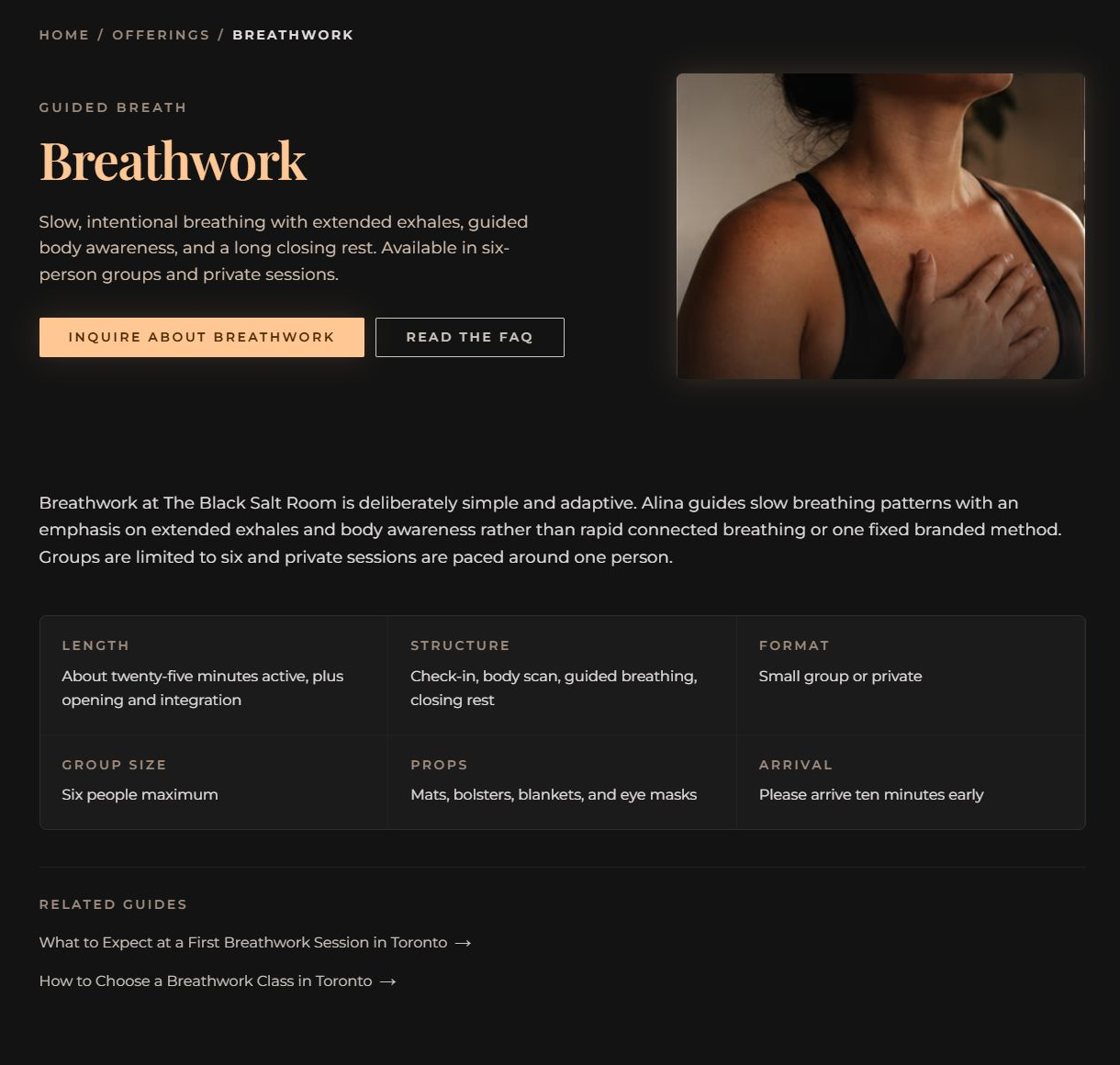 Breathwork offering page with an Inquire about Breathwork button and a details grid: length, structure, format, group size, props and arrival, followed by related guides.