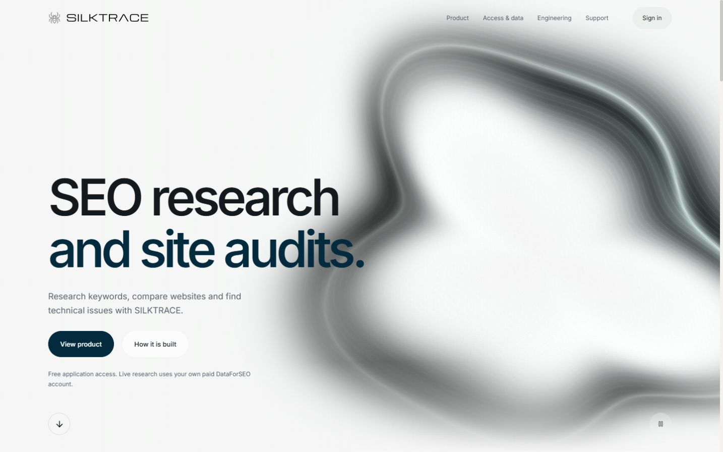 Silktrace public homepage with a procedural silver silk surface behind the product headline.