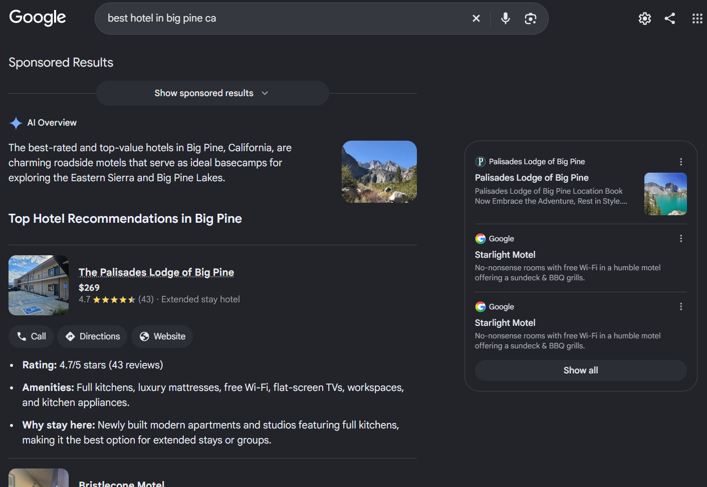 Google search for best hotel in big pine ca with an AI Overview listing Palisades Lodge first under Top Hotel Recommendations in Big Pine.