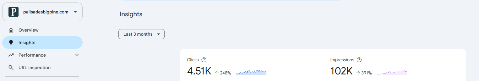 Google Search Console performance summary for palisadesbigpine.com showing total clicks and impressions with percentage increases over the last three months.