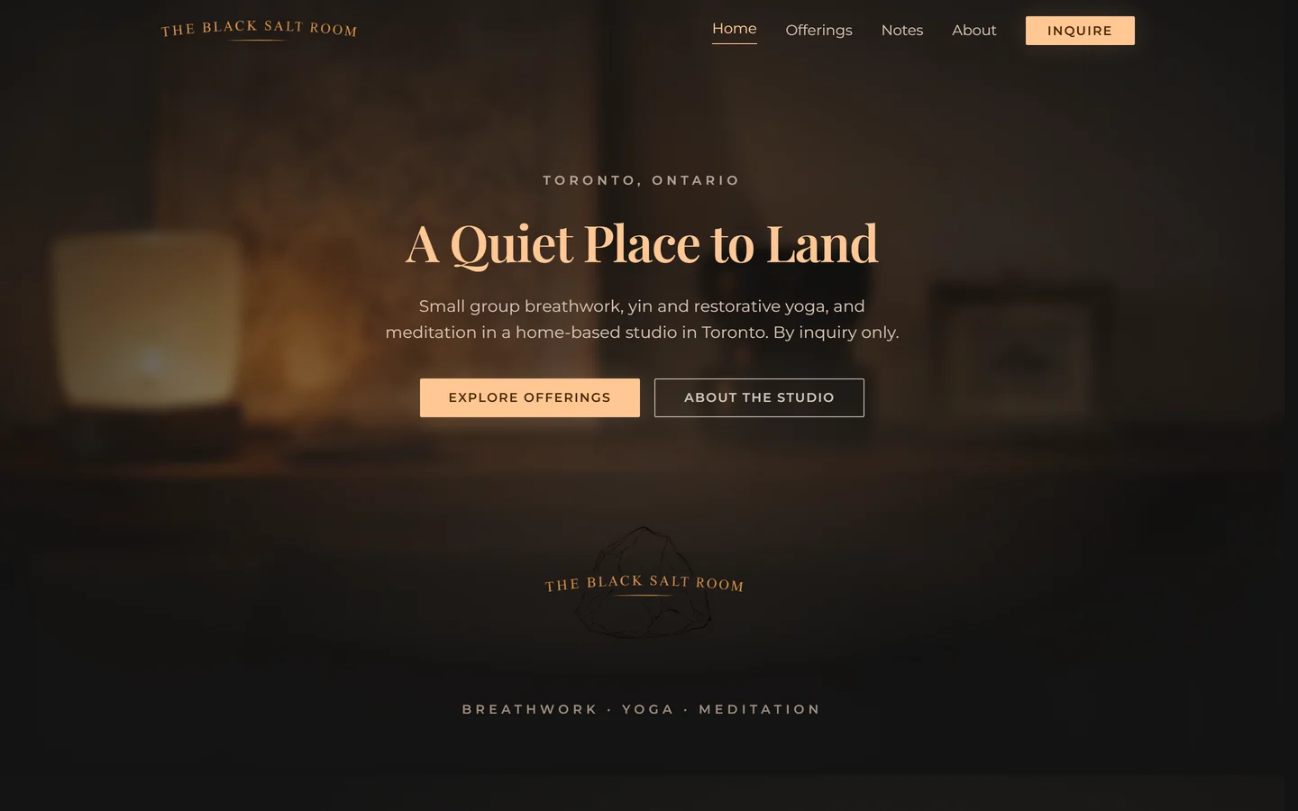 The Black Salt Room website with charcoal and amber art direction.