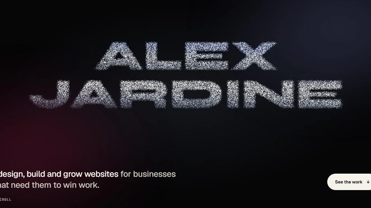 The portfolio homepage, with ALEX JARDINE formed from silver particles above the line: I design, build and grow websites for businesses that need them to win work.